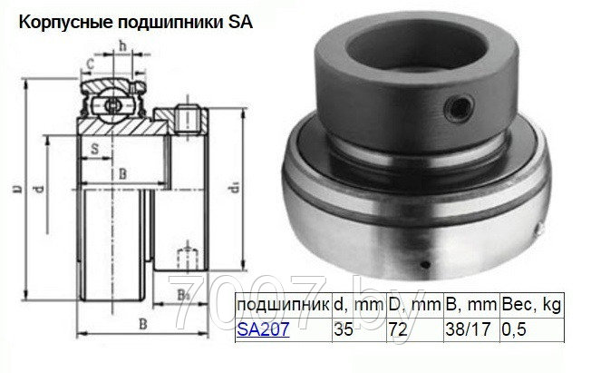 Подшипник SA207 (FD207,YET207,UE207) размер 35*72*38/17- фото2